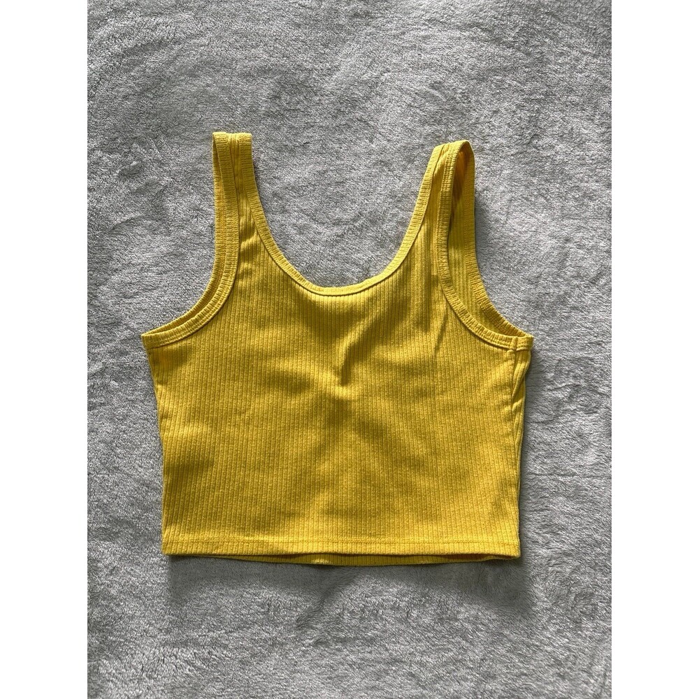 Women's girls crop top yellow mustard wide strap vneck form fitting teens girly - Picture 4 of 4